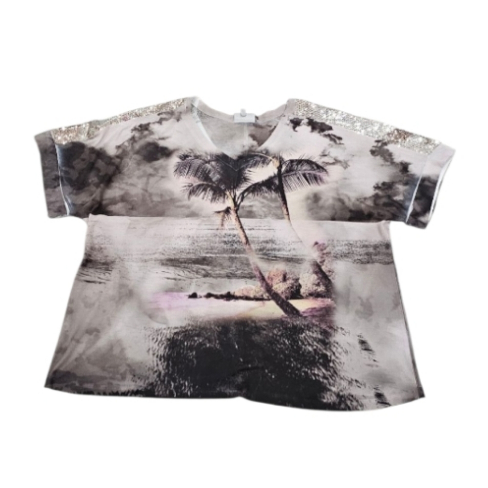 Essentials Tie Dye Palm Tree Sequin Detail   Short Sleeve Tee